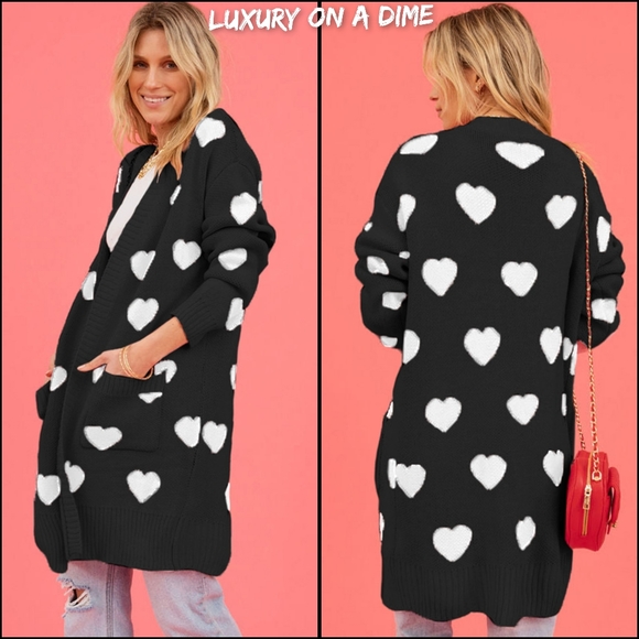 Contrasting Heart Knit Open Front Longline Pocket Sweater Cardigan Valentine - Picture 8 of 9